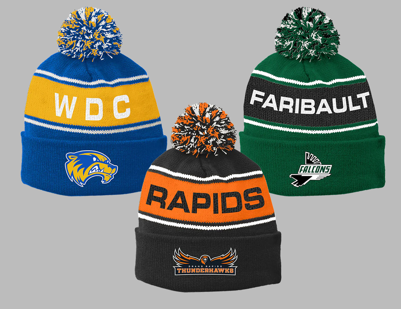 Custom knit beanies with pom and embroidered logo