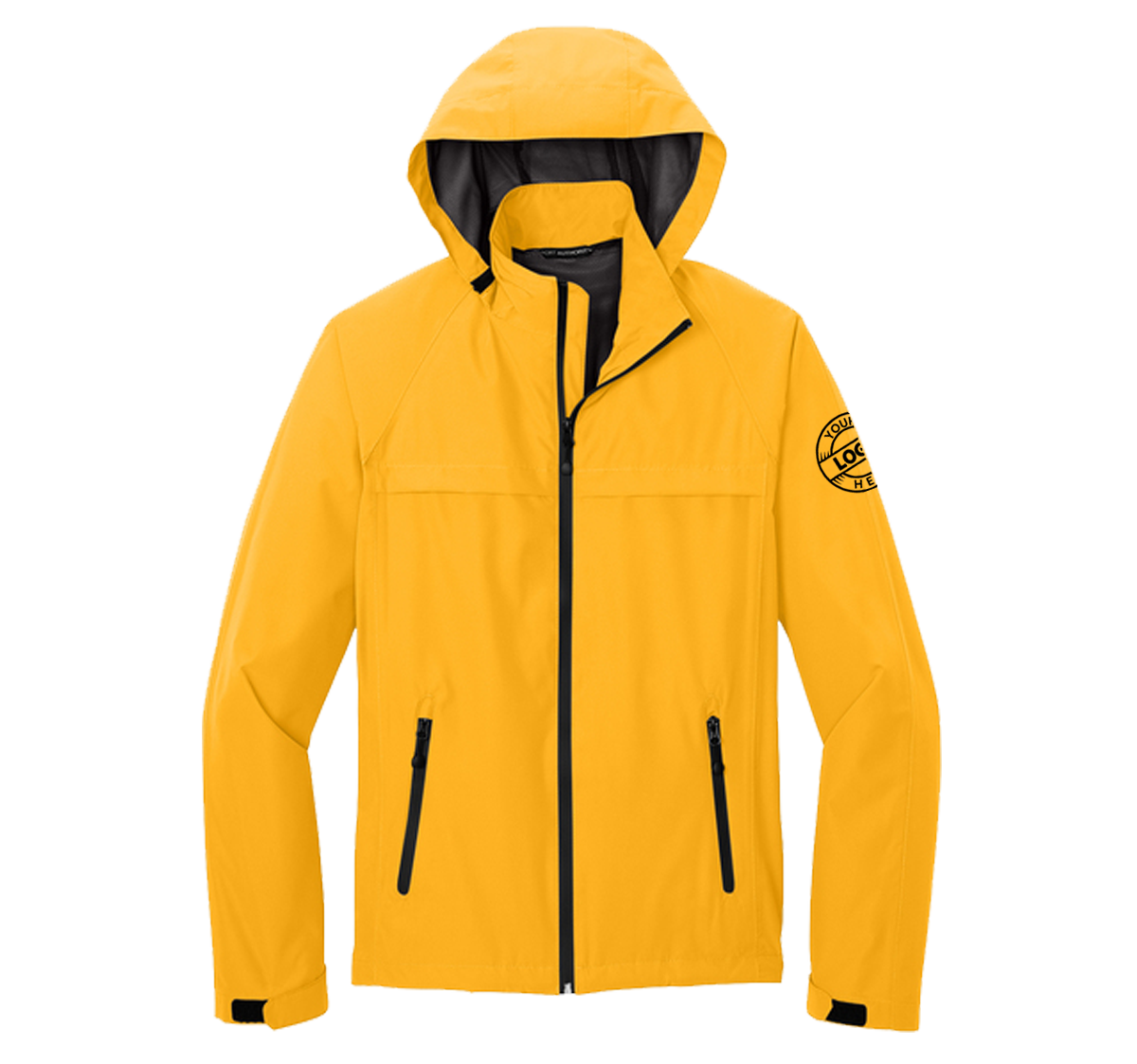 Waterproof jacket with embroidered logo on the left sleeve