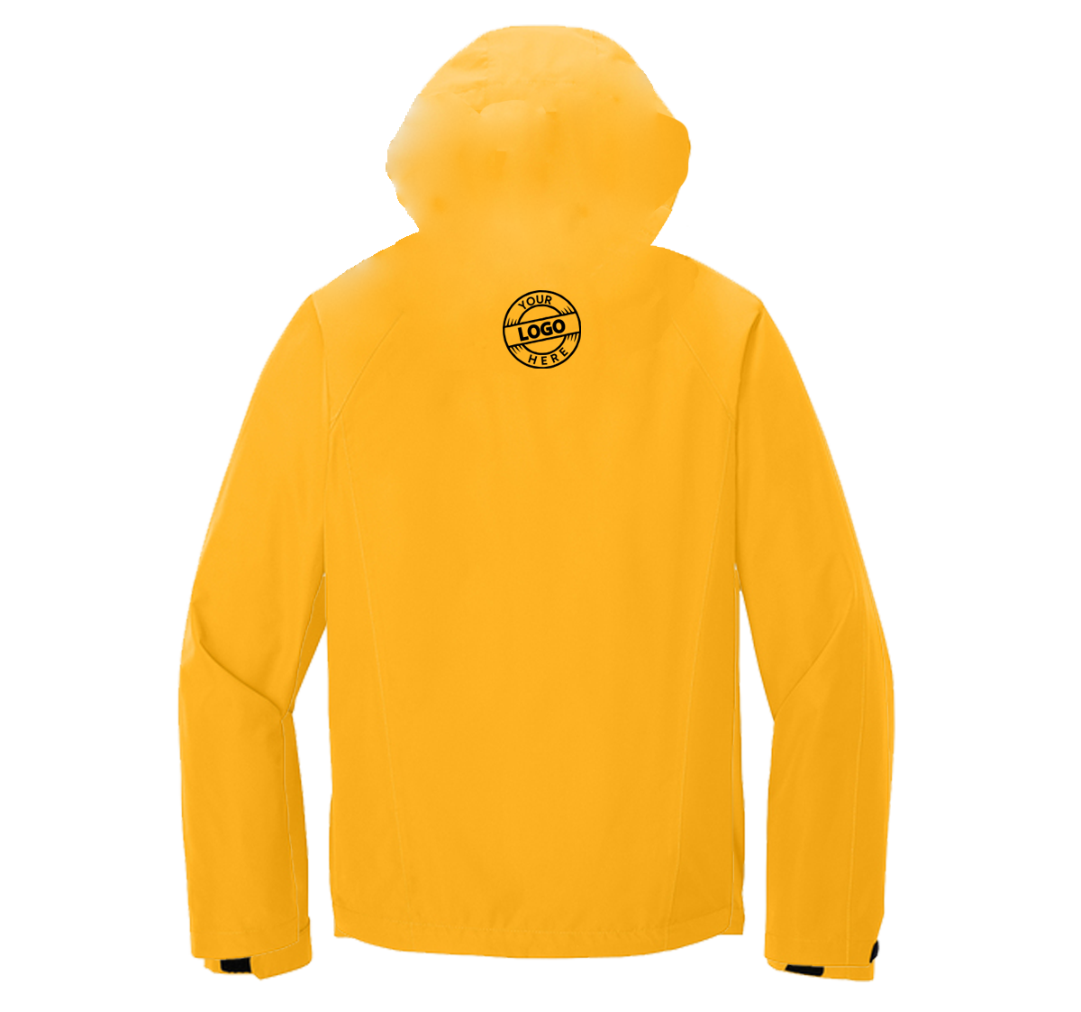 Waterproof jacket with embroidered logo on the upper back