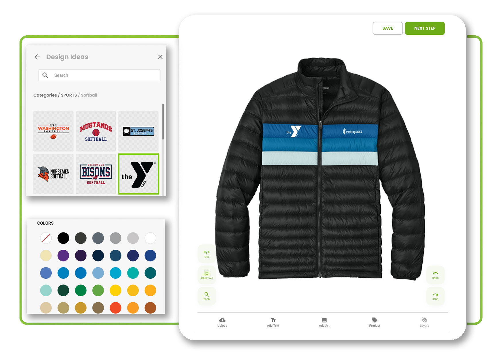 The Elevation Print Co. digital design studio screen interface showing a custom puffer jacket template with design tools and color swatches.