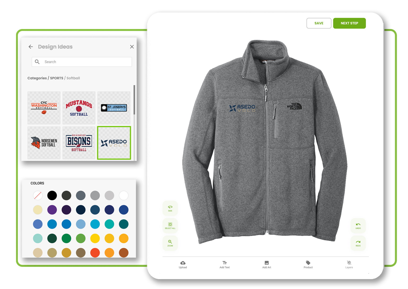 The Elevation Print Co. digital design studio screen interface showing a custom fleece jacket template with design tools and color swatches.