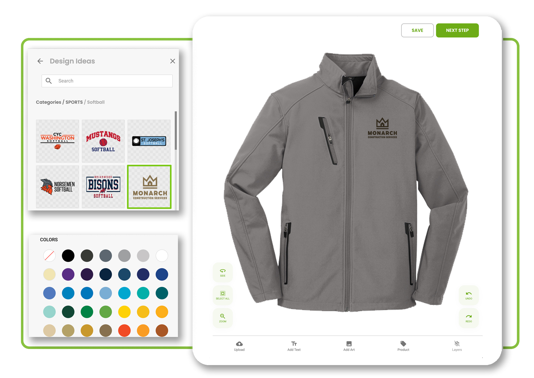 The Elevation Print Co. digital design studio screen interface showing a custom softshell jacket template with design tools and color swatches.
