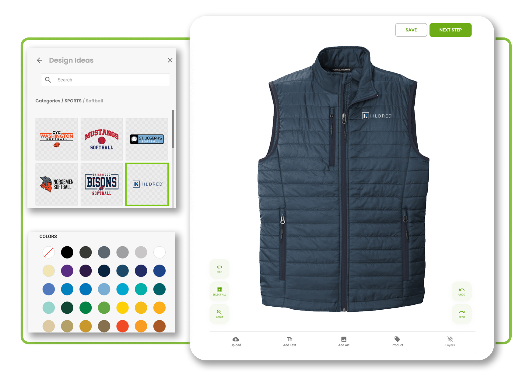 The Elevation Print Co. online design tool with a custom embroidered vest on screen, showing the logo library and team color picker