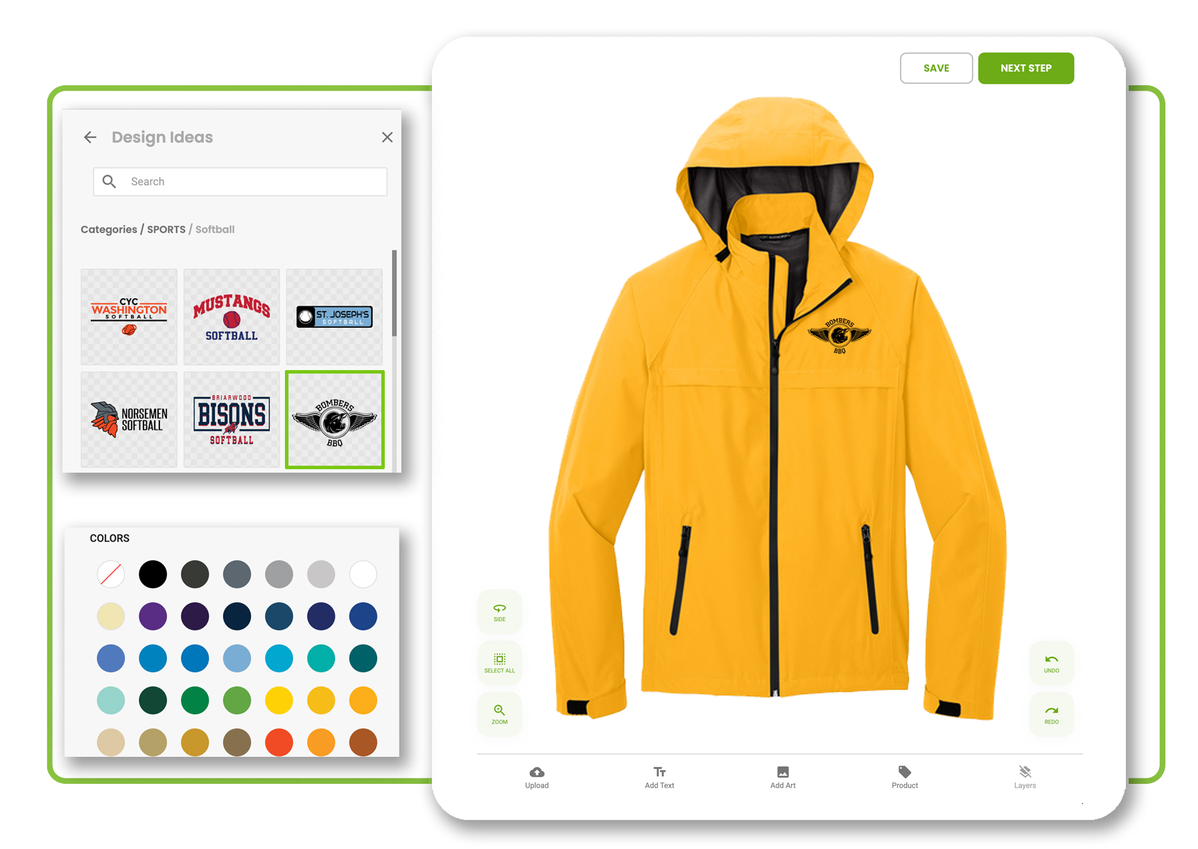 The Elevation Print Co. digital design studio screen interface showing a custom rain jacket template with design tools and color swatches.