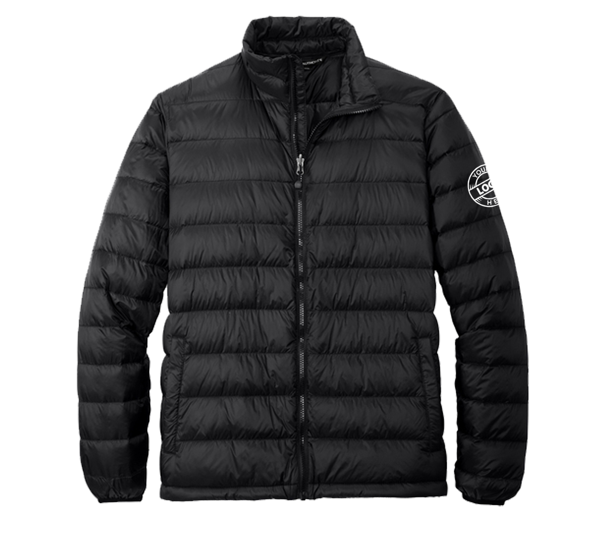 Down jacket with embroidered logo on the left sleeve