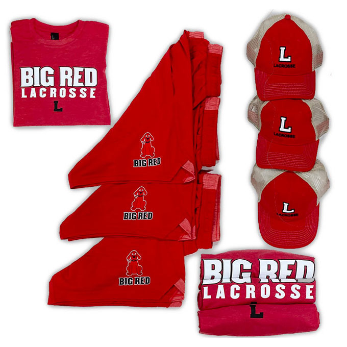 Big red custom team spiritwear store example showing decorated fan gear hoodie and apparel in red
