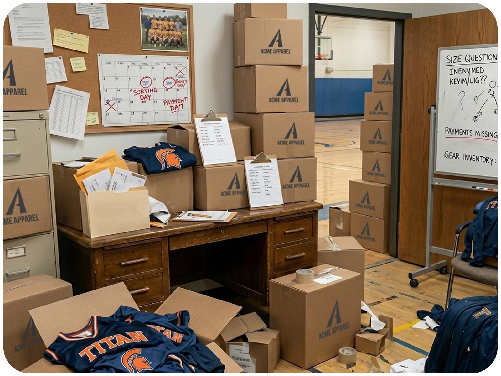 Coach or booster club volunteer office overwhelmed sorting bulk team apparel order at practice