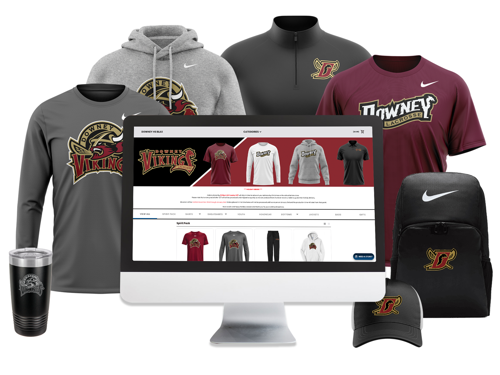 Curated selection of 150 plus team spiritwear store items including hoodies, shirts, warm-up, hats, and gear bags