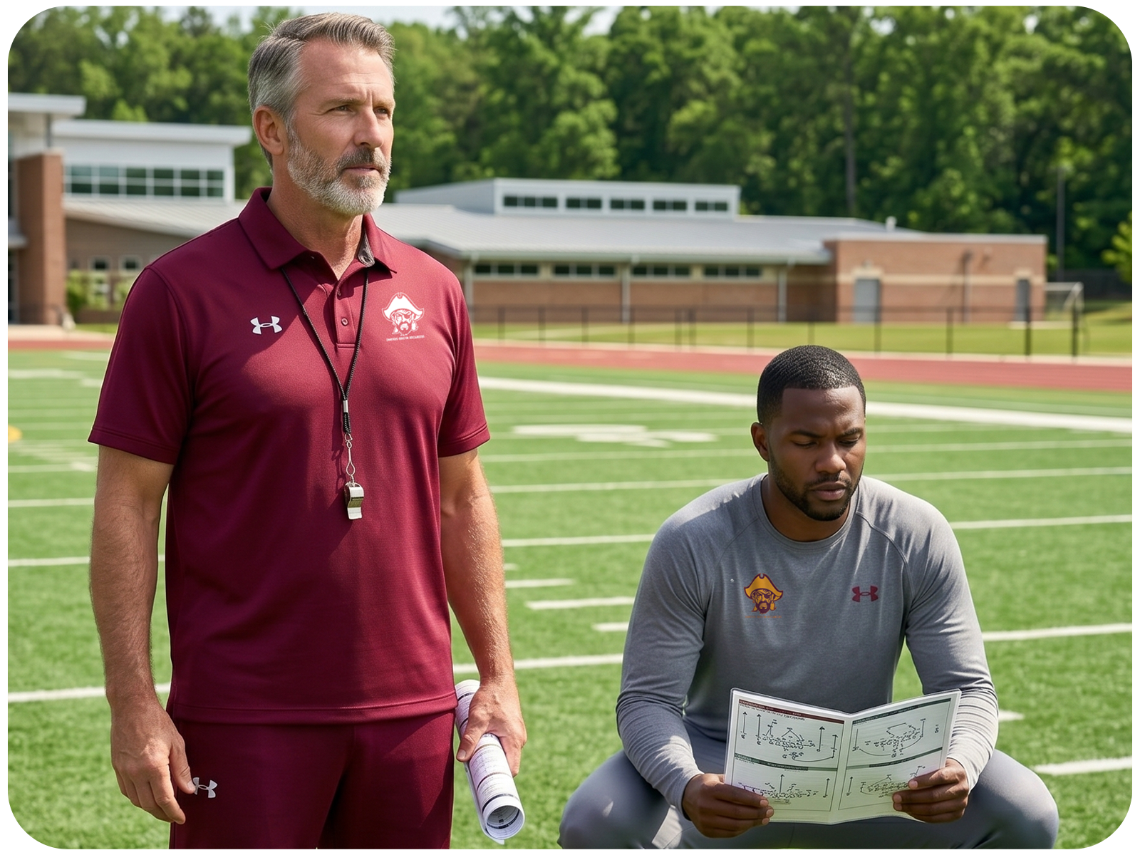 Custom embroidered coaching staff apparel, featuring matching athletic polo shirts, and screen printed sideline sweatsuits.