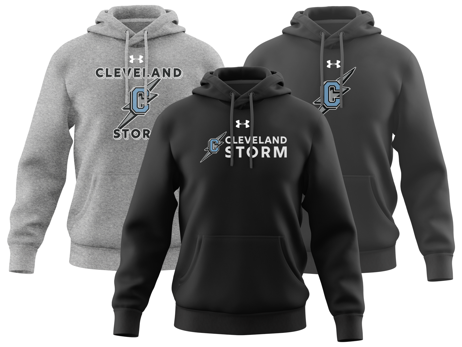 A selection of custom team hoodies with three uniquely themed screen printed team graphics.