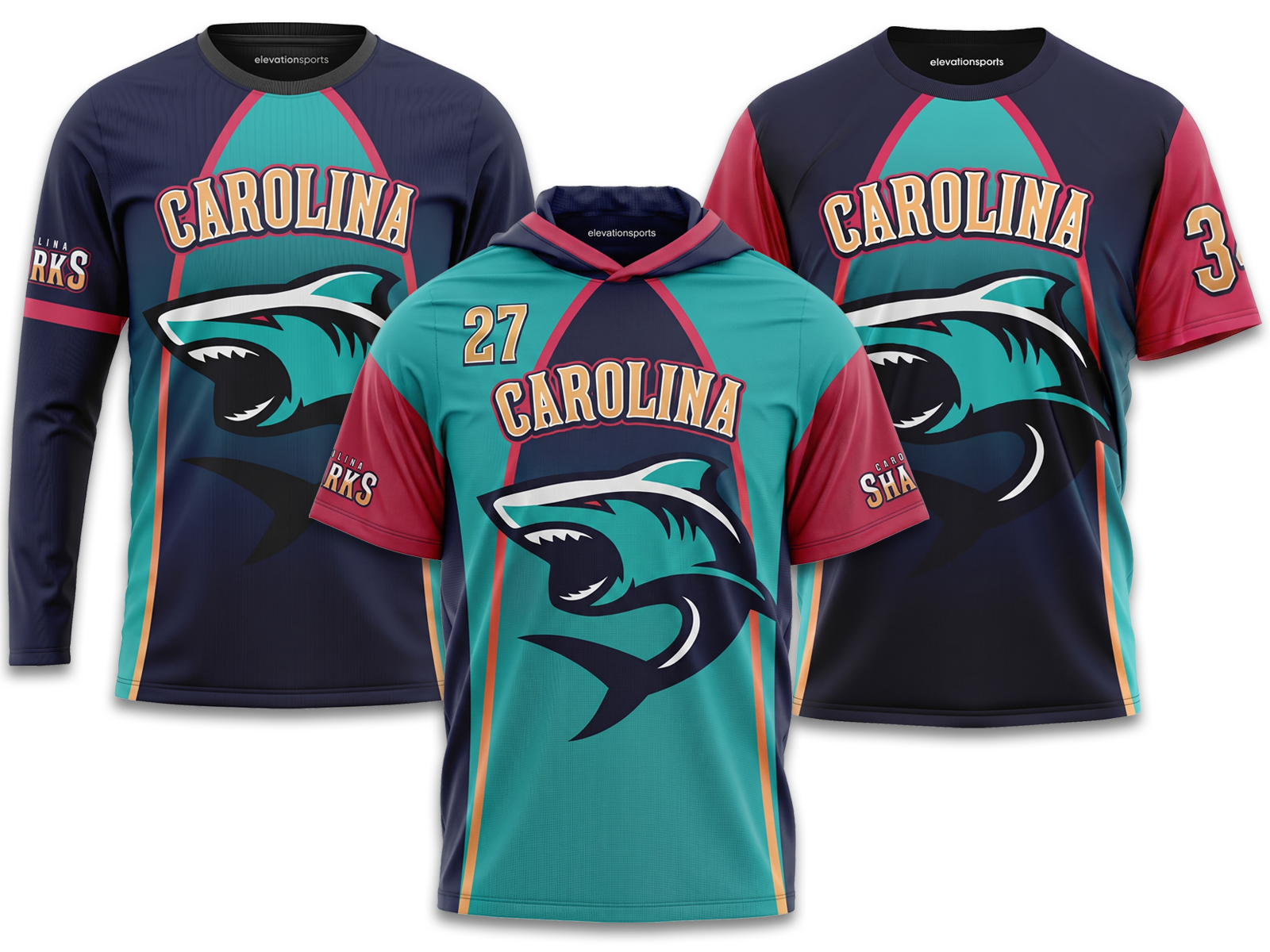Athletic pre-game shooter shirts and moisture-wicking baselayers displayed in short-sleeve, long-sleeve, and hooded options.