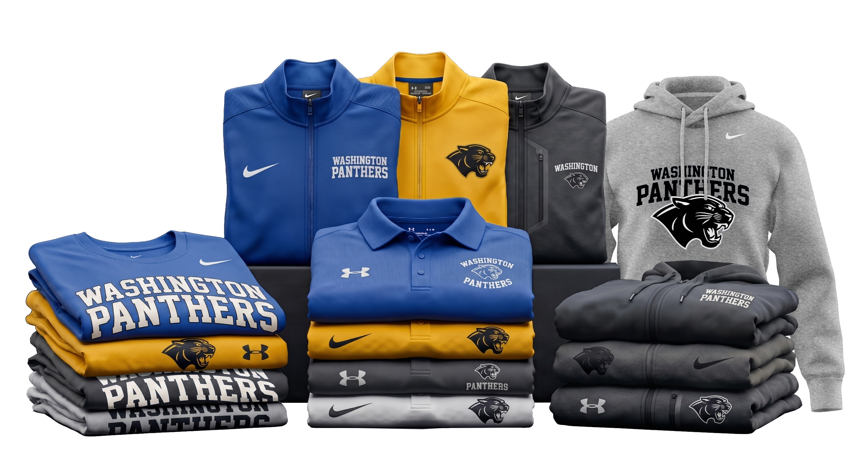 A display of branded custom team apparel and sideline sports gear, including athletic polos, training jackets, t-shirts, and hoodies.