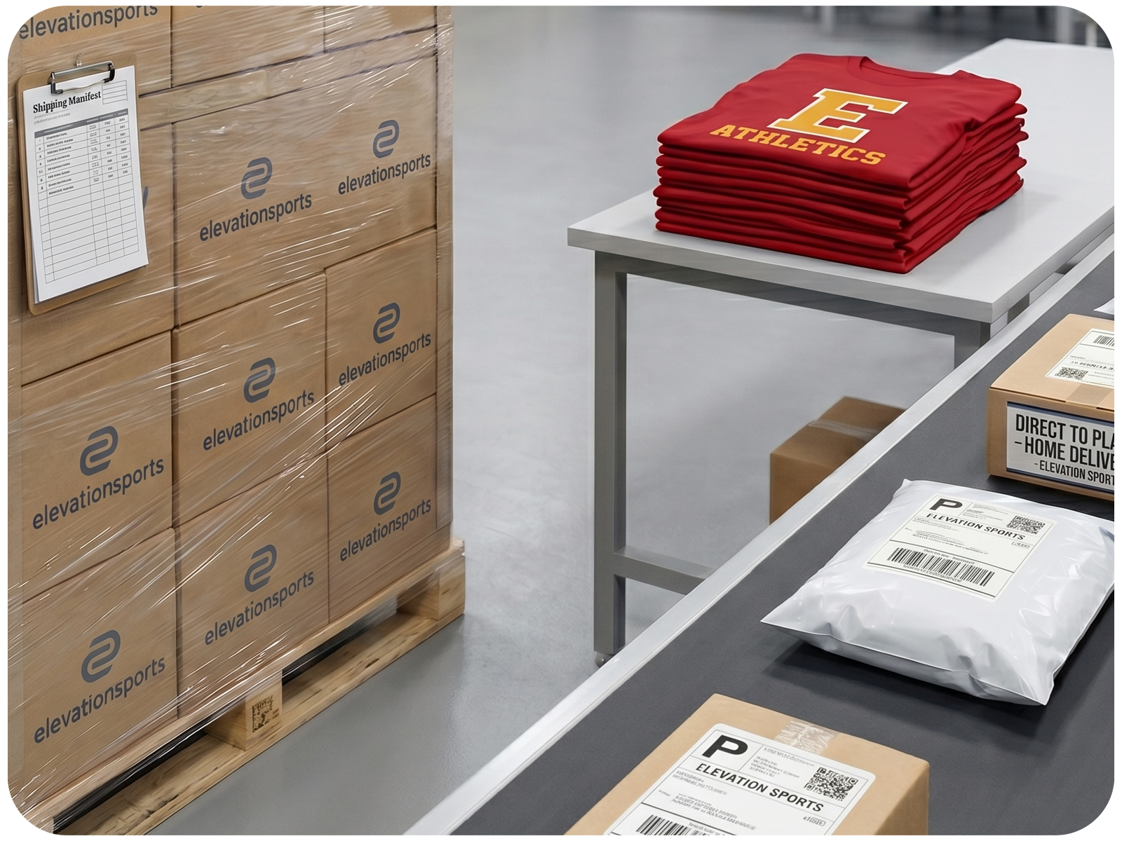 An image illustrating team apparel fulfillment options both shipping indiviudally in bags and bulk in large boxes.