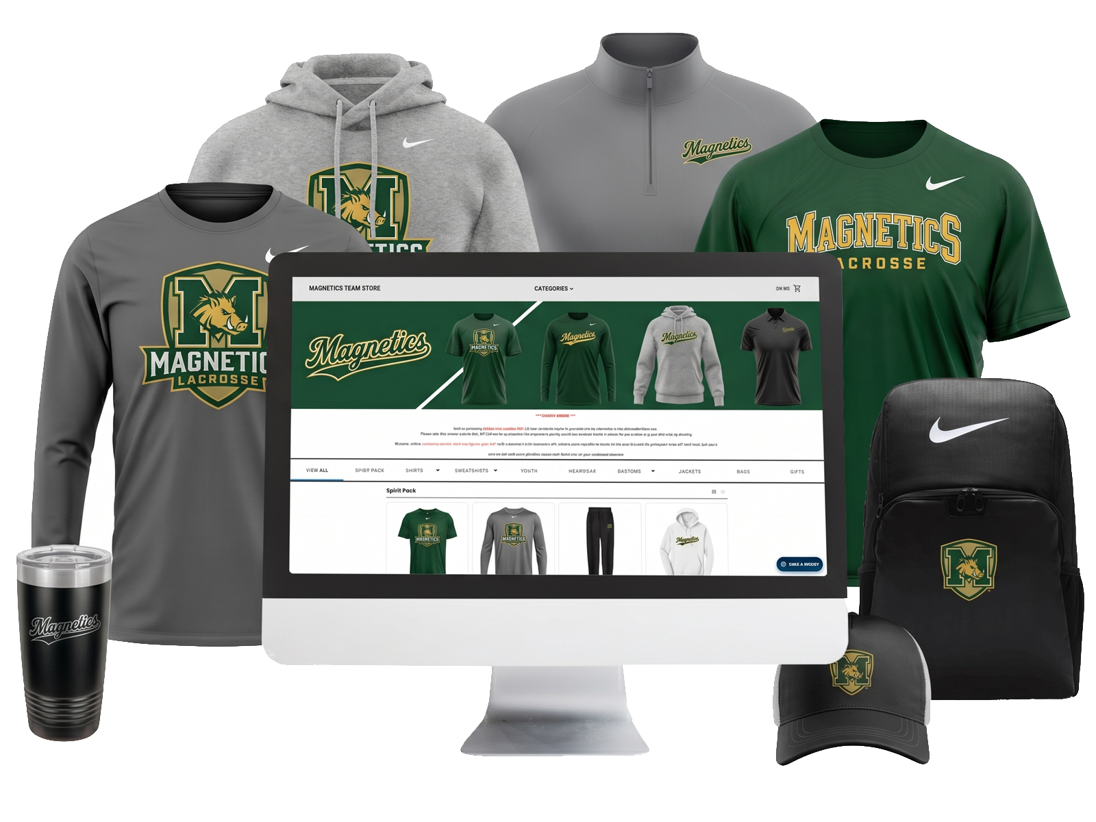 A digital preview of a customizable online team spirit wear store displaying a computer with custom t-shirts and hooded sweatshirts available for on-demand ordering.