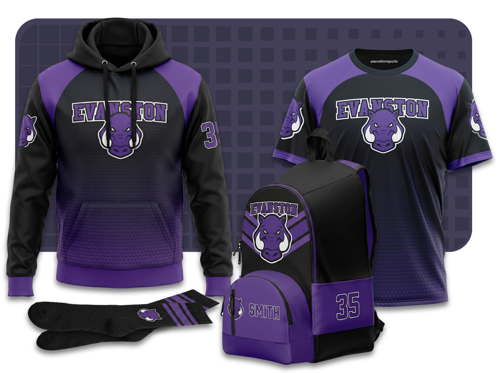 A group of custom uniform, bag and apparel items as would be available in an online uniform store in purple and black.