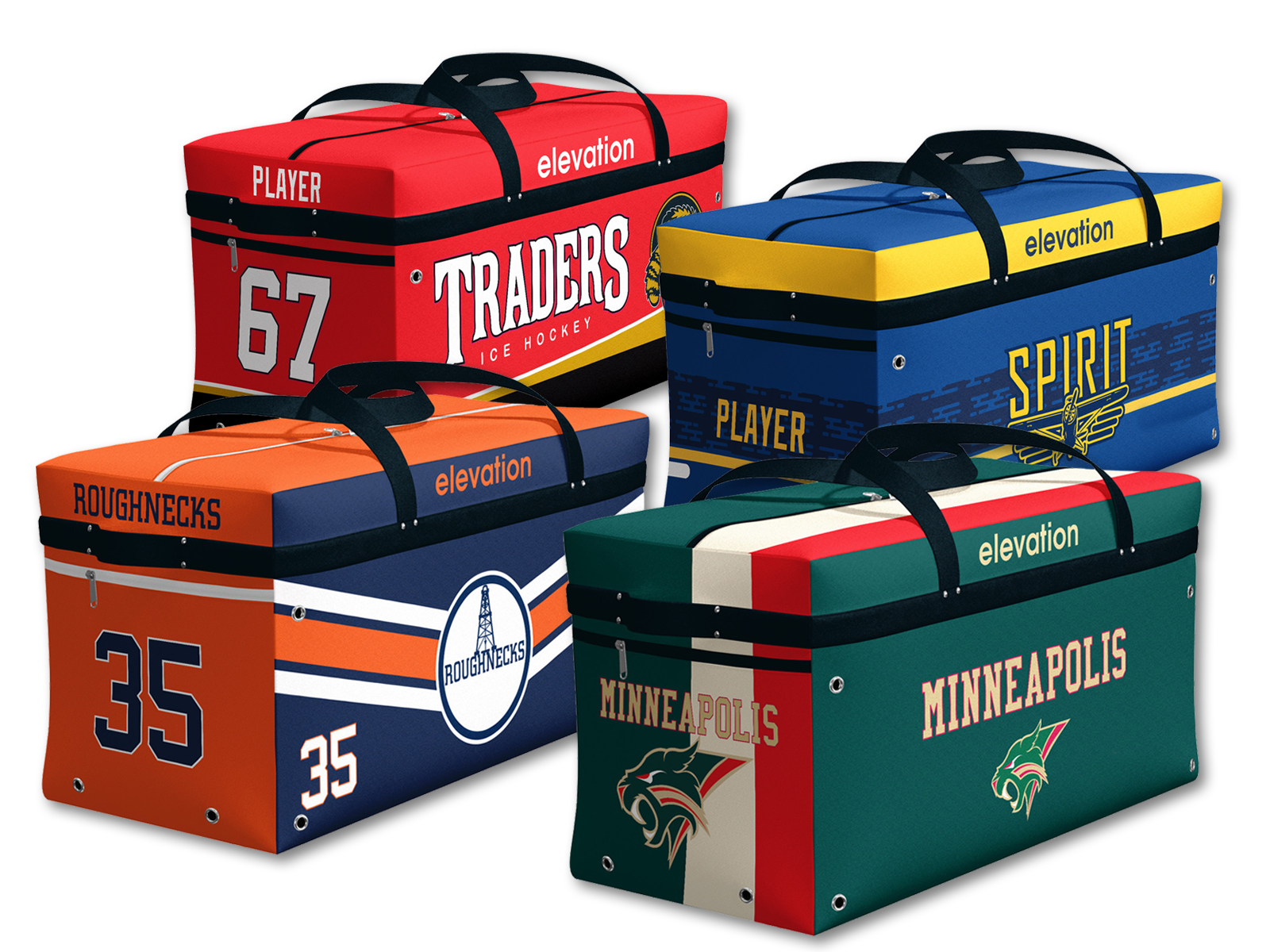 Custom sports team gear bags, each with unique sublimated designs including logos and personalization.