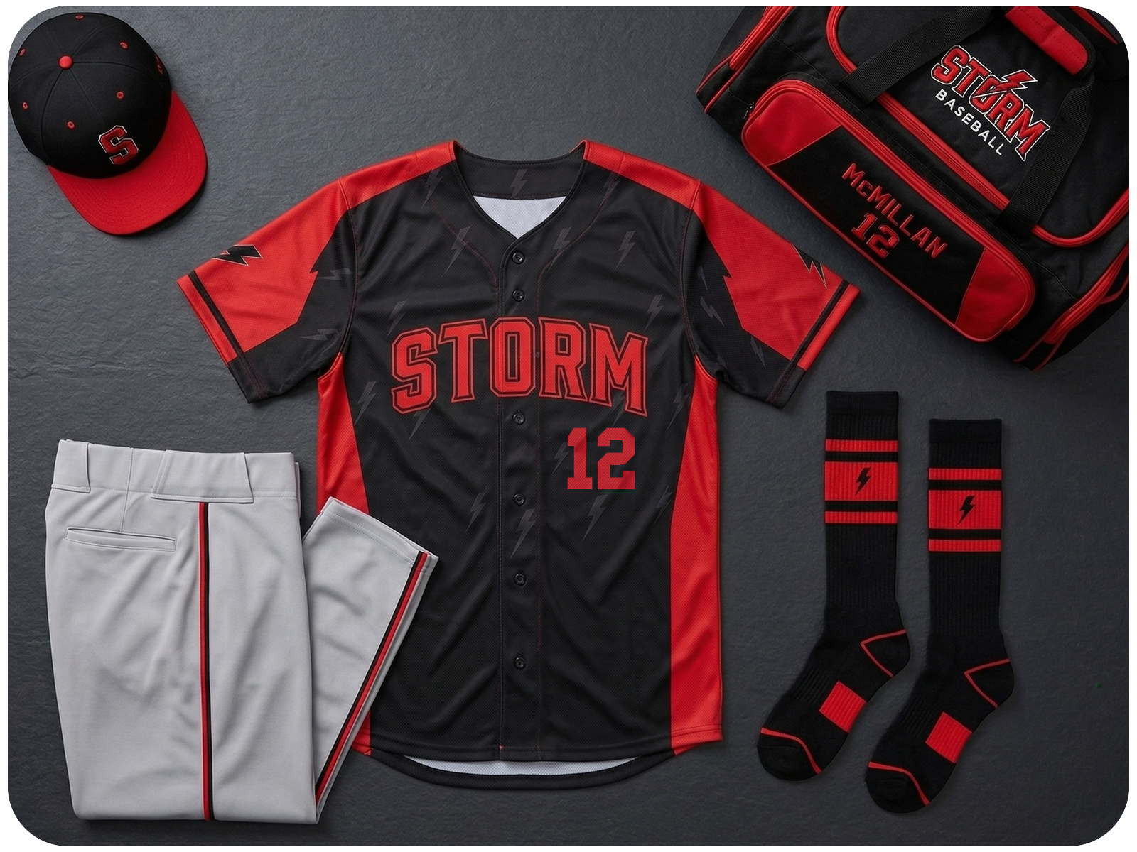 Custom team uniform kit flat lay with numbered jersey, matching shorts, custom socks and gear bag