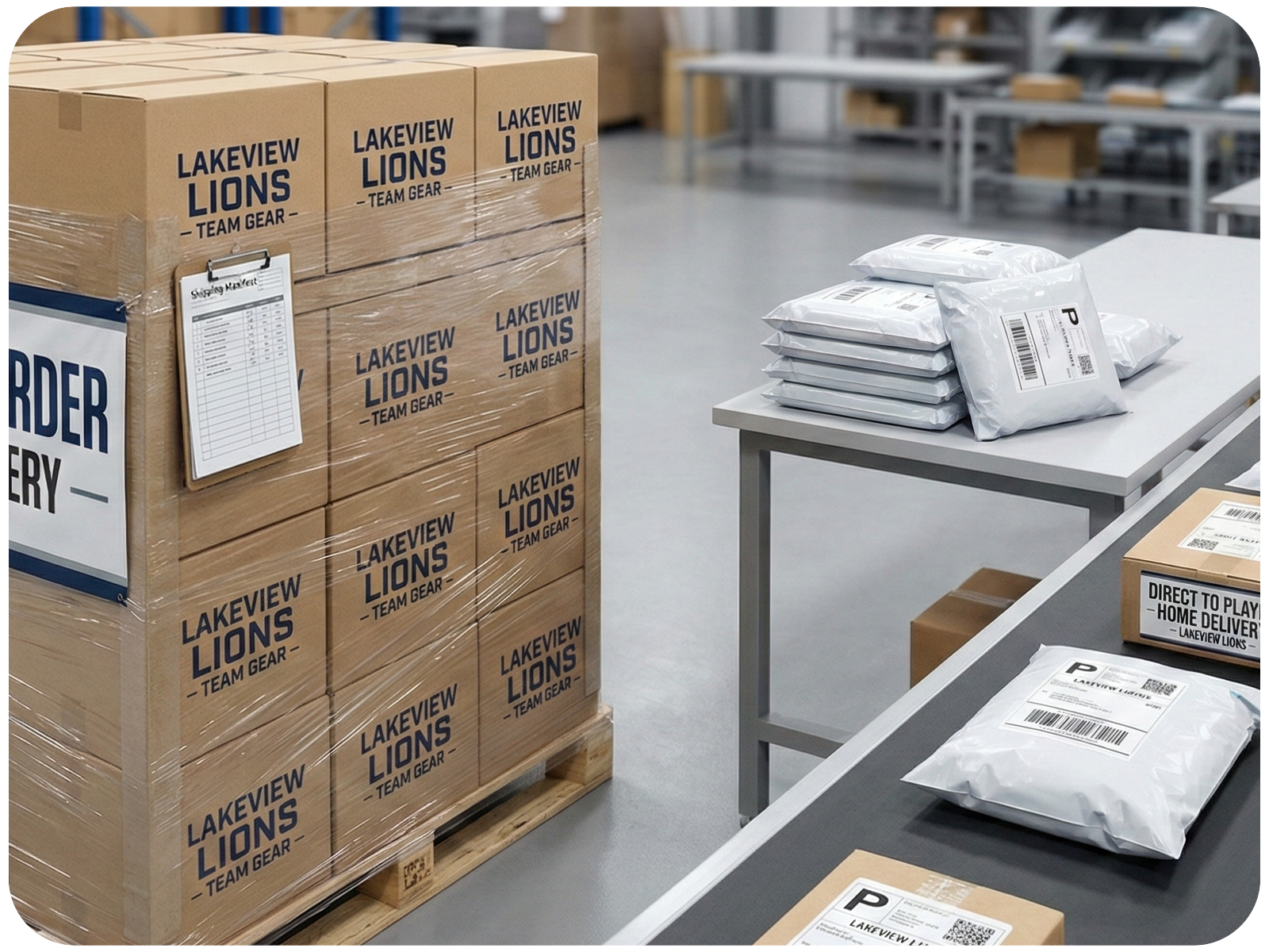 Custom team uniform packages sorted for bulk coach pickup and individual direct to player shipping