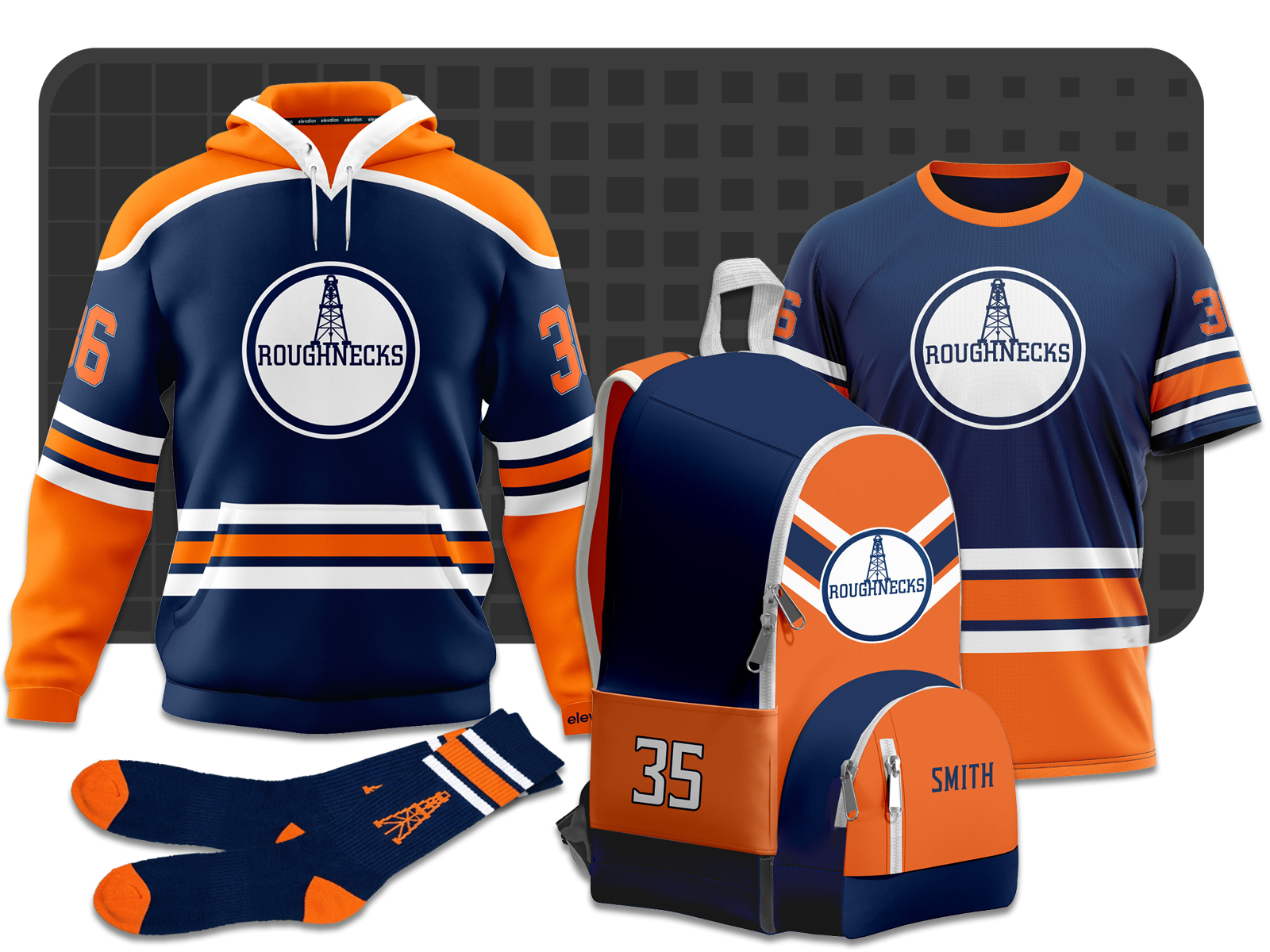 Custom sublimated team socks gear bag and warm-up jacket alongside team uniform in one order