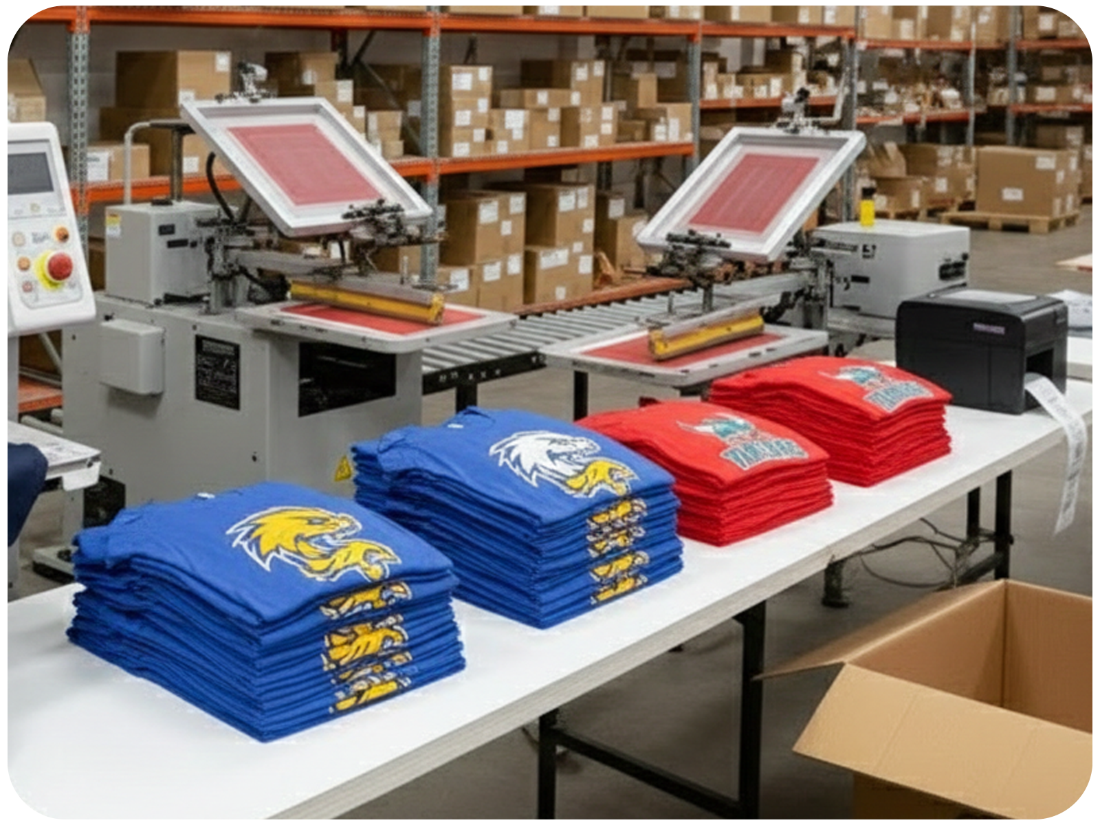 Elevation Sports in-house embroidery and screen printing decoration facility in South Bend Indiana