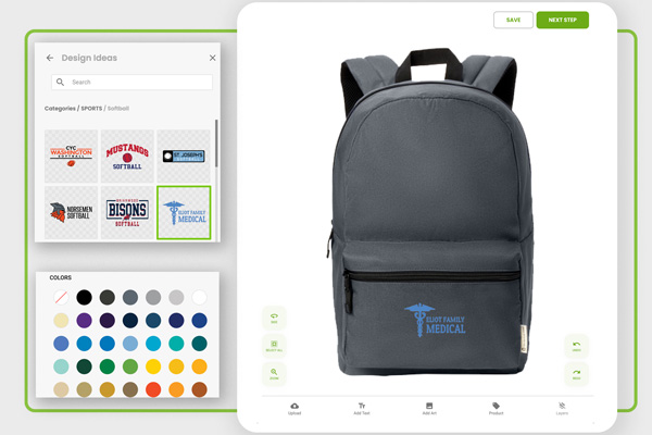 The Elevation Print Co. online design tool with a custom backpack on screen, showing the logo library and team color picker