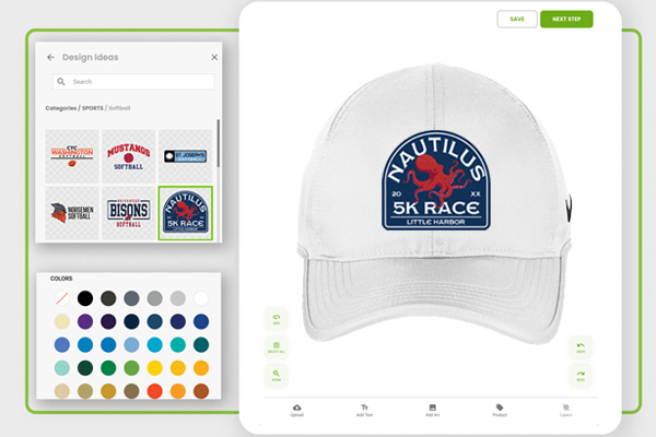 The Elevation Print Co. online design tool with a custom hat on screen, showing the logo library and team color picker