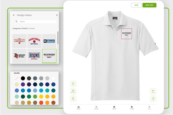 The Elevation Print Co. online design tool with a custom logo polo shirt on screen, showing the logo library and team color picker
