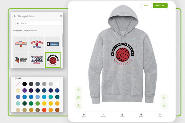 The Elevation Print Co. online design tool with a custom logo sweatshirt on screen, showing the logo library and team color picker