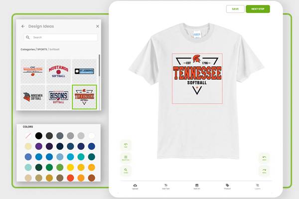 The Elevation Print Co. online design tool with a custom logo t-shirt on screen, showing the logo library and team color picker