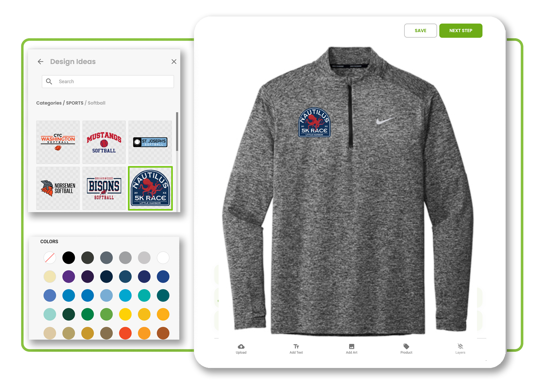 The Elevation Print Co. digital design studio screen interface showing a custom activewear shirt template with design tools and color swatches.