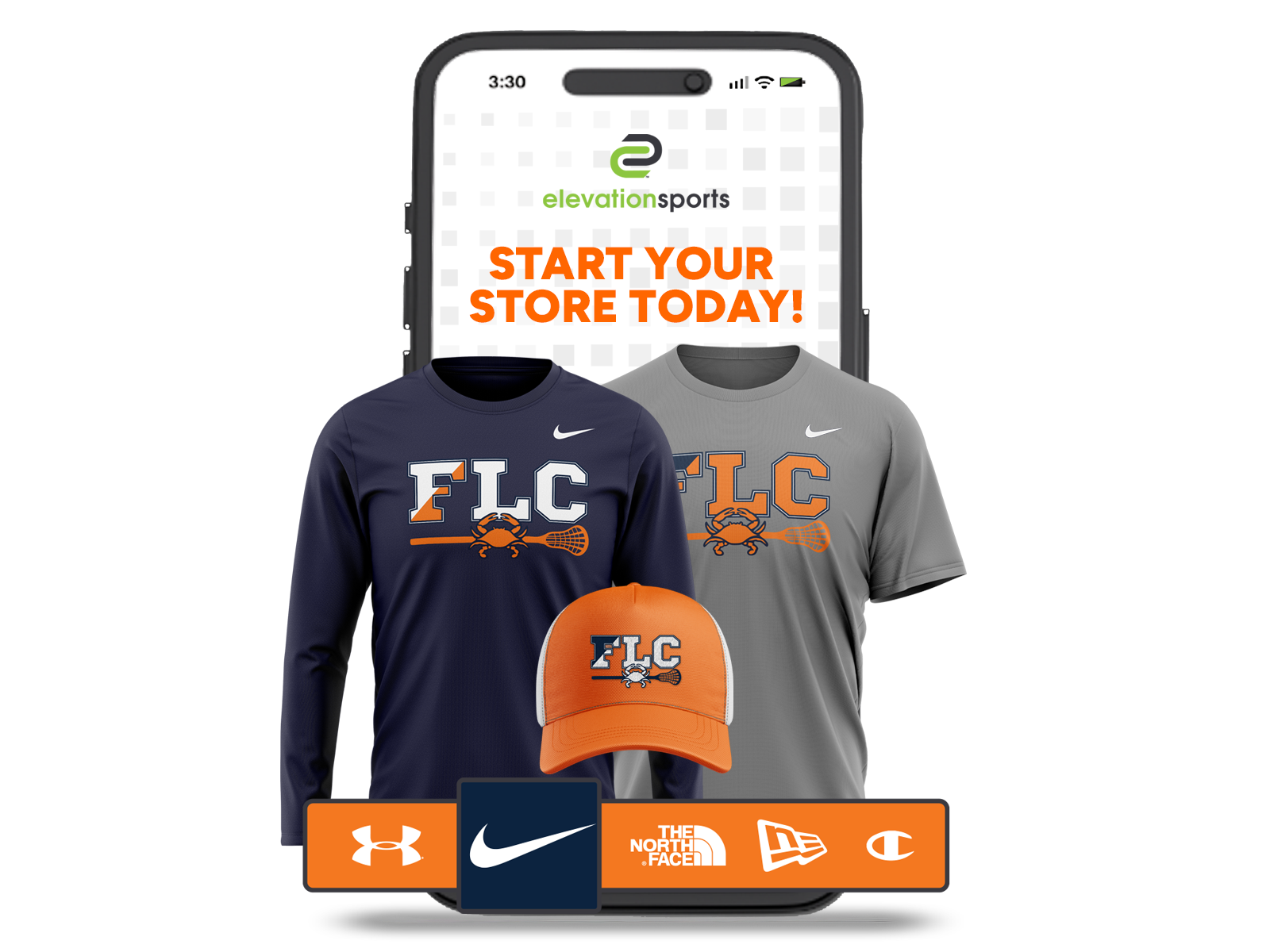 Mobile phone version of store with navy and orange apparel and brand bar showing under armour, nike, the north face, new era, and champion