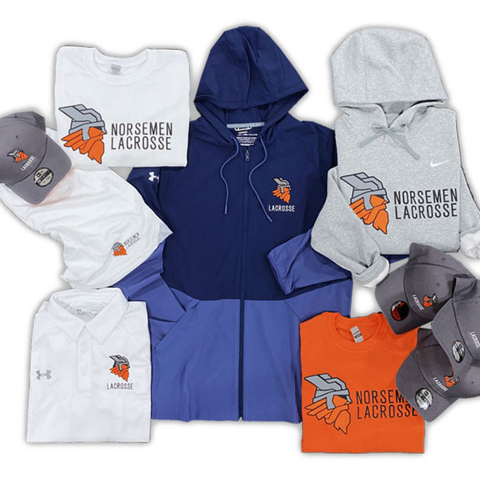 Custom team spiritwear store example showing decorated fan gear hoodie and apparel in navy, grey, and orange