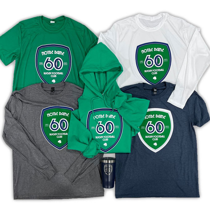 Team spiritwear store example with notre dame rugby logo on navy, white, and kelly green apparel.
