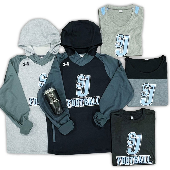 Online team store customer example featuring custom decorated black, and grey apparel with logos
