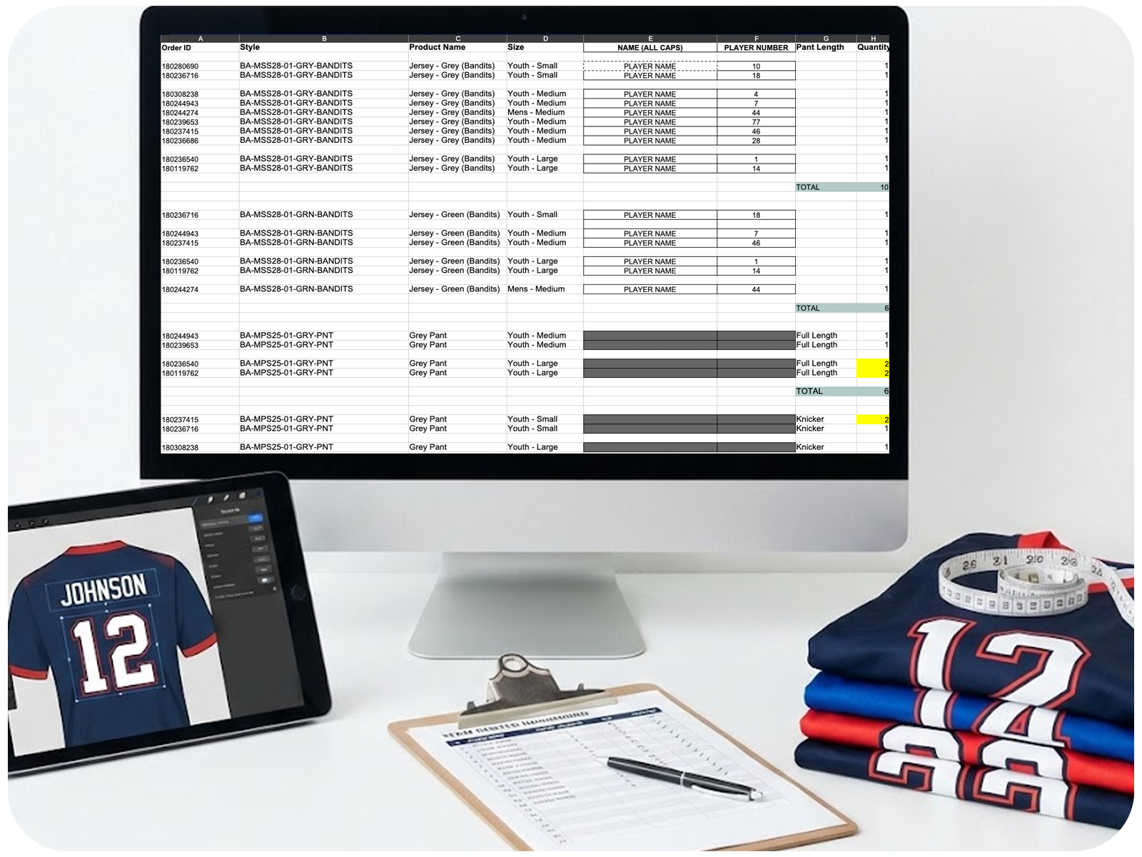 Team uniform roster verification table showing player names and jersey numbers before production